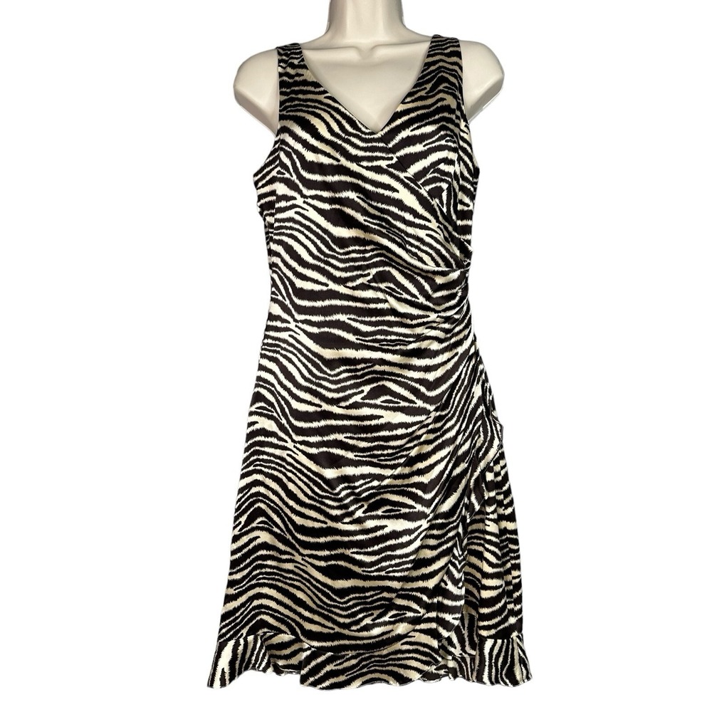 Teri Jon by Rickie Freeman Silk Faux Wrap Knee Dress Size 6 Zebra Print Ruffle